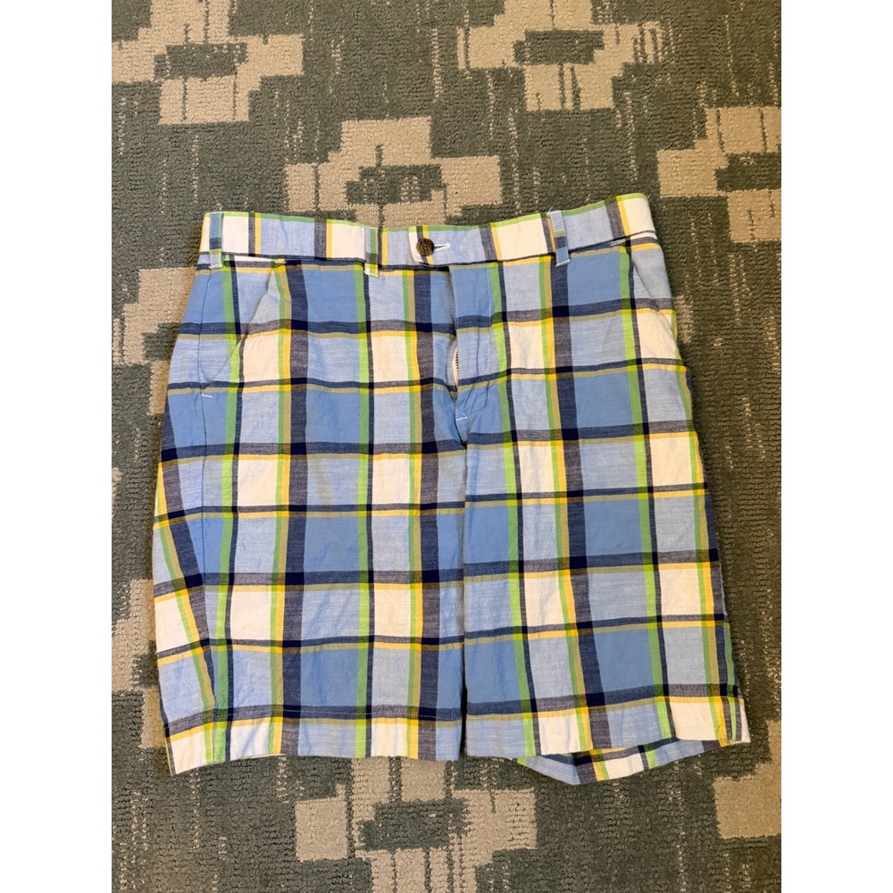 Loudmouth Golf Mens Plaid Shorts Blue Green Yellow Cotton Stretch Size 34